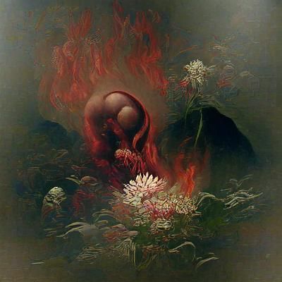 Fiery Floral Birth: Gothic Horror Art