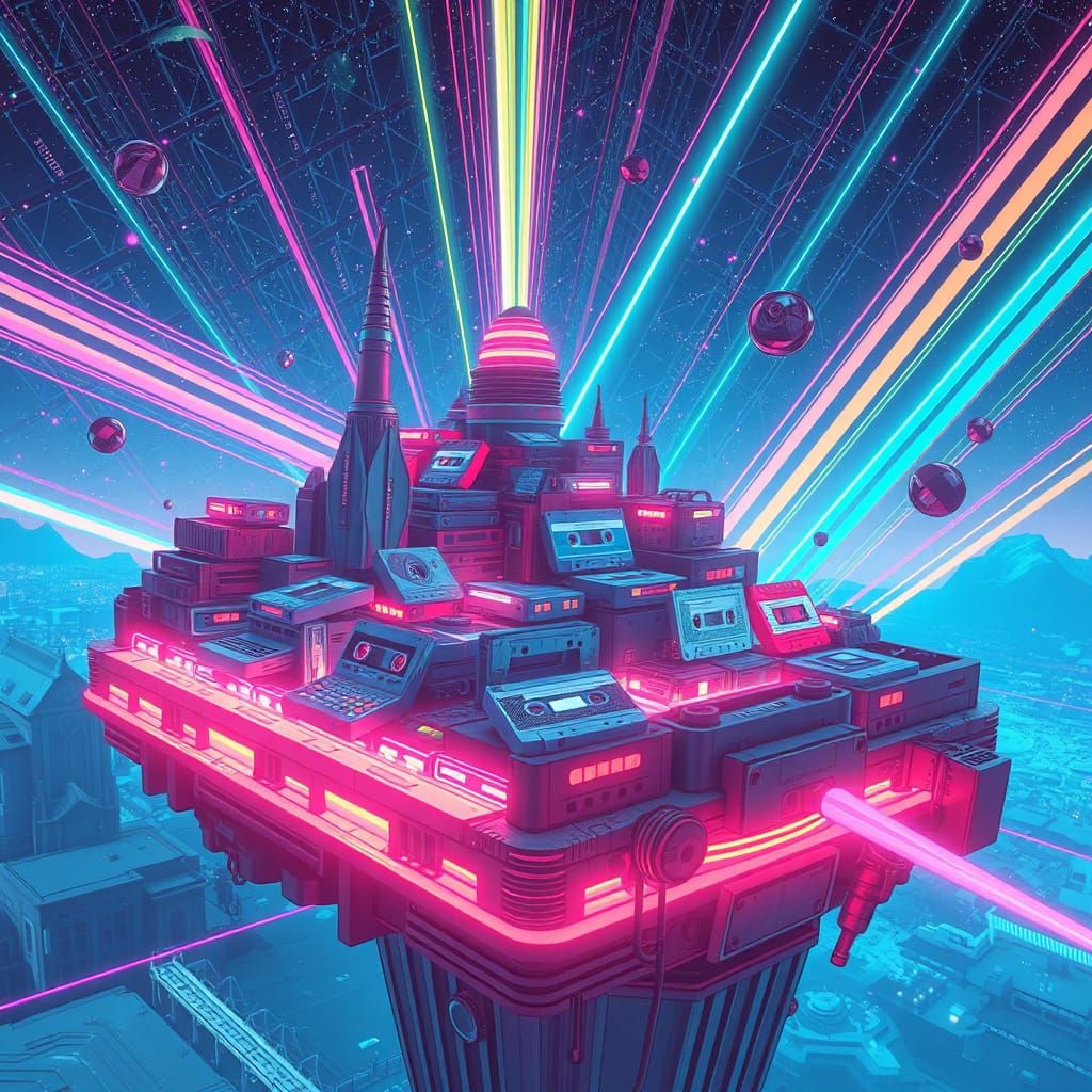 Vaporwave Cassette City in Retro-Futuristic Dreamscape