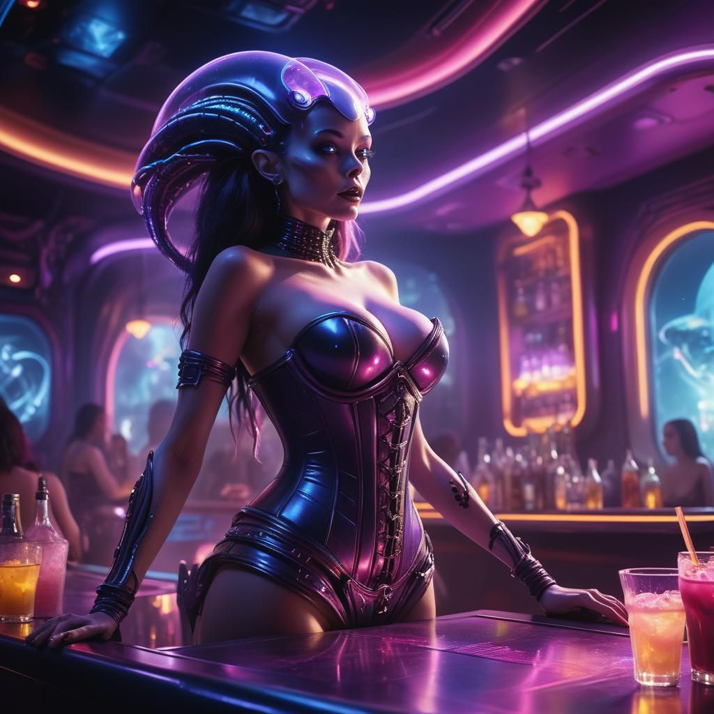 Alien Bartender in Luxurious Sci-Fi Space Bar