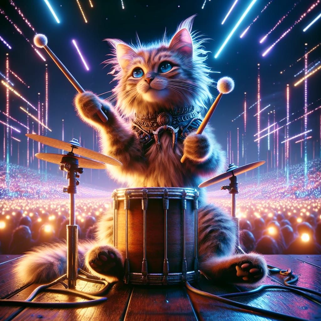 Cat Drummer in Neon Lights: High-Resolution Matte Painting