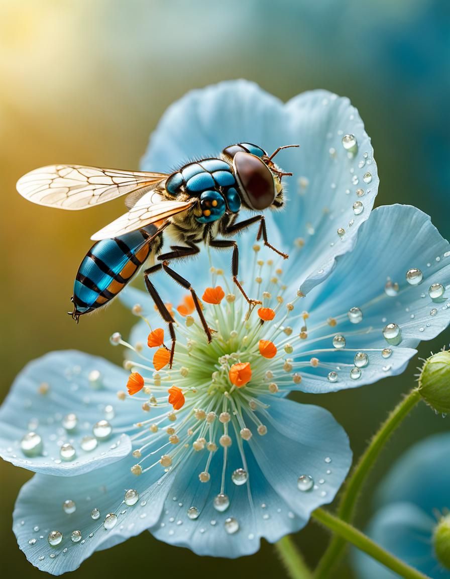 Blue Hoverfly on Neural Network Poppies, Chihiro Iwasaki Sty...