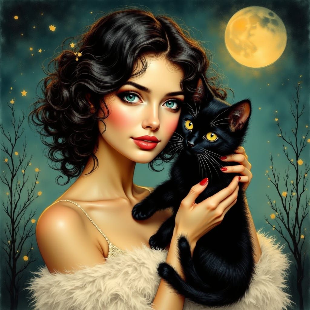 Vintage Pin-Up Woman with Cat Under Moonlight