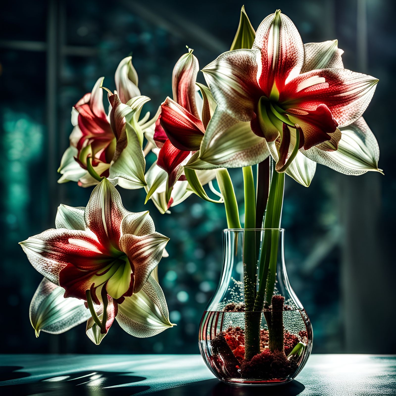Amaryllis and Orchid Flowers Underwater in Vase