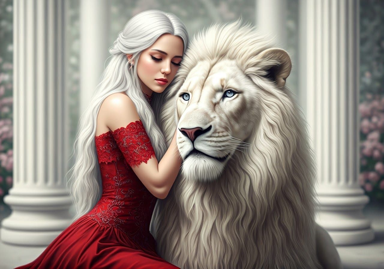Ethereal Goddess Tenderly Embraces Majestic White Lion