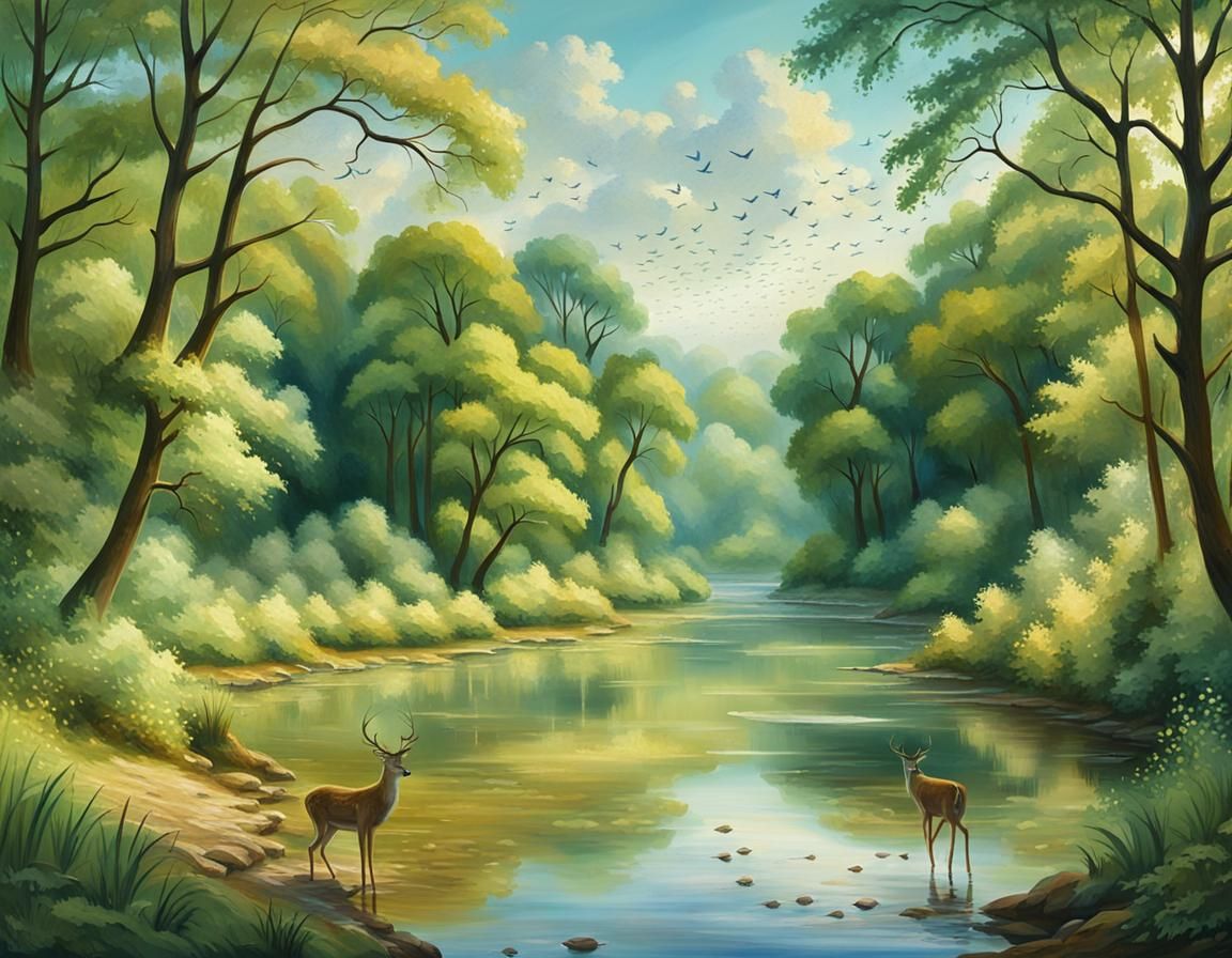 Lush Forest Landscape with River in Impressionistic Style