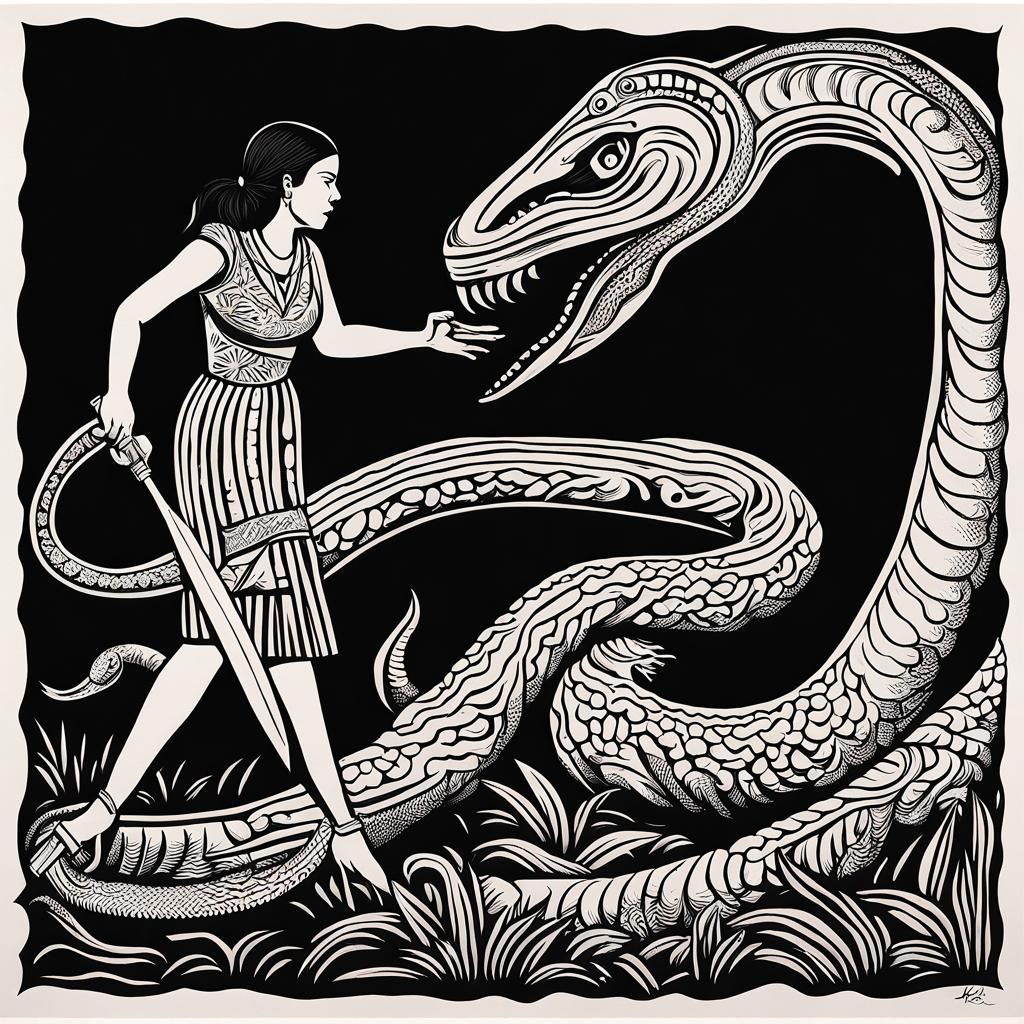 Woman Confronts Snake: Linocut in Oaxacan Style