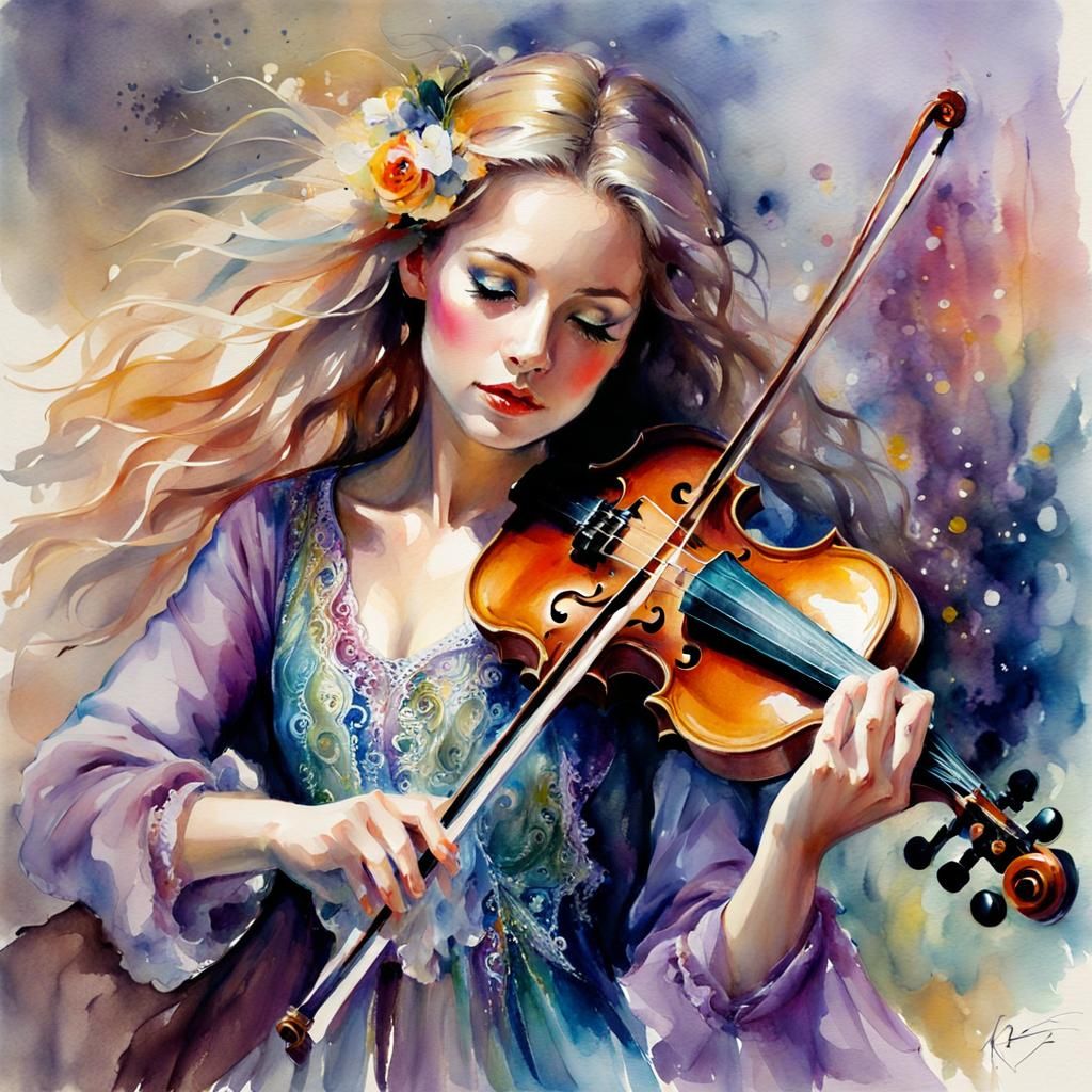 Dreamy Violinist in Watercolour Fantasy Style