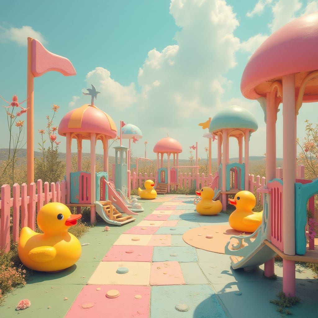 Whimsical Kidcore Playground Dreamscape in Watercolor Style