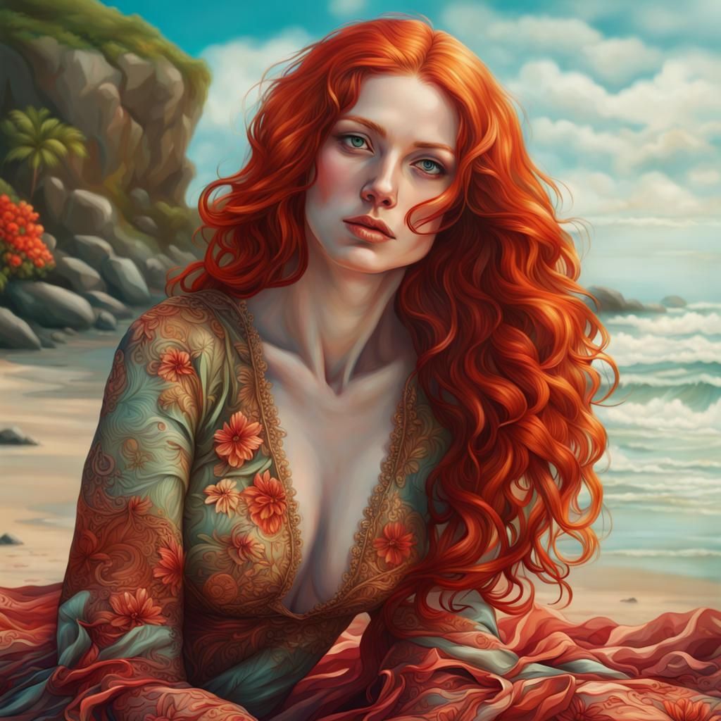 Android Woman Relaxing on Exotic Beach: Pre-Raphaelite Style