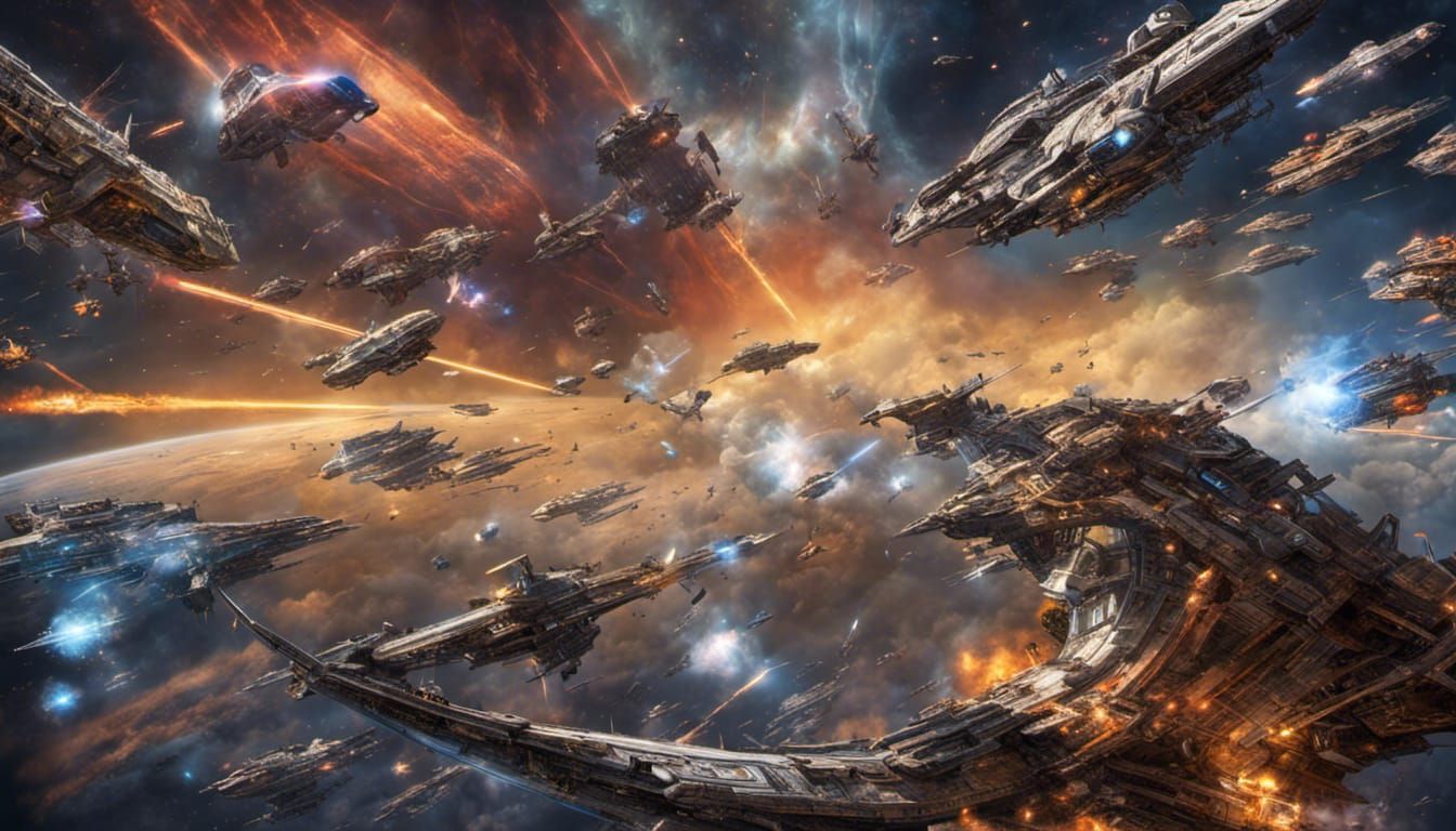 Epic Space Battle: Ornate Spaceships in Digital Painting