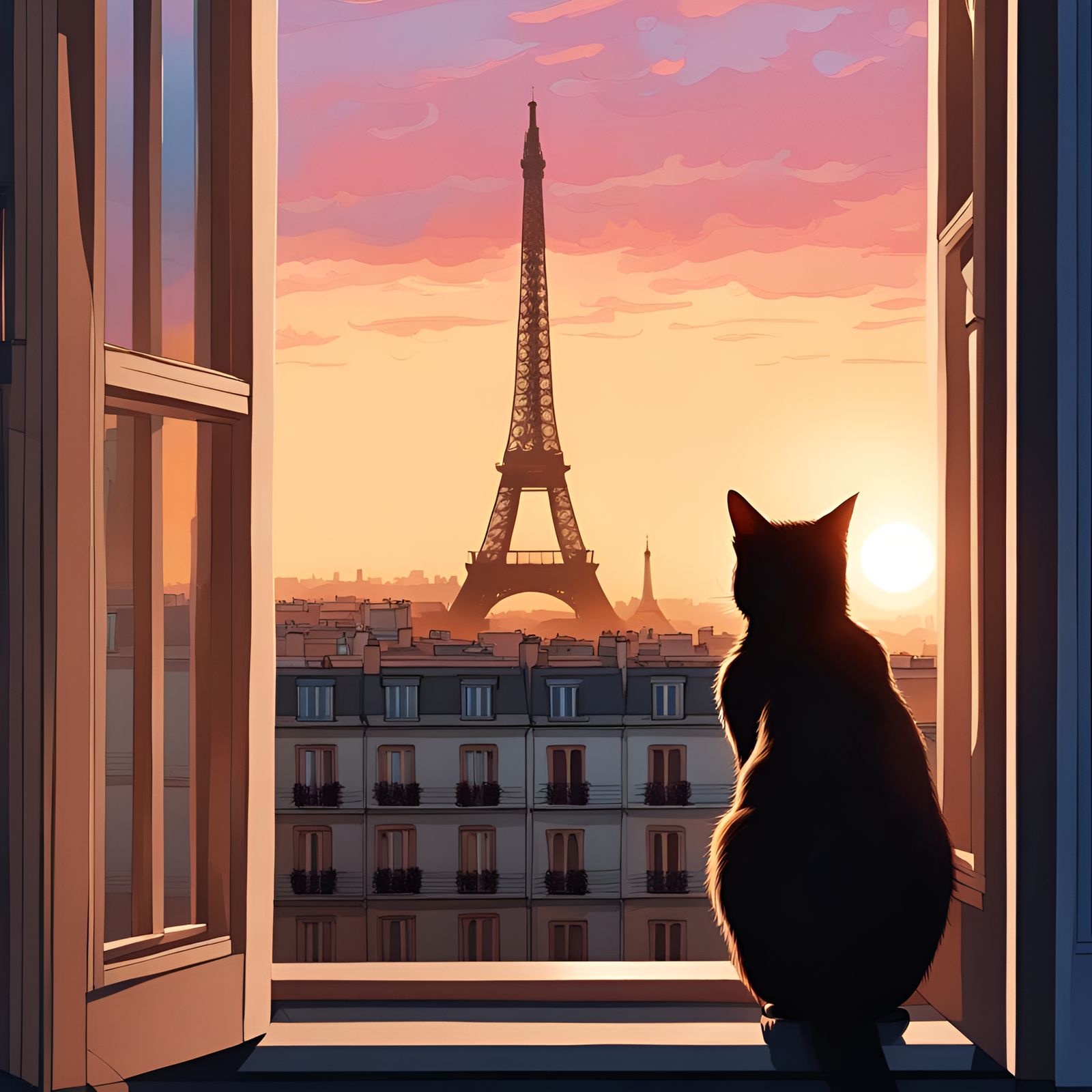 Cat Shadow Watching Paris Sunset: Hyperrealistic Splash Art