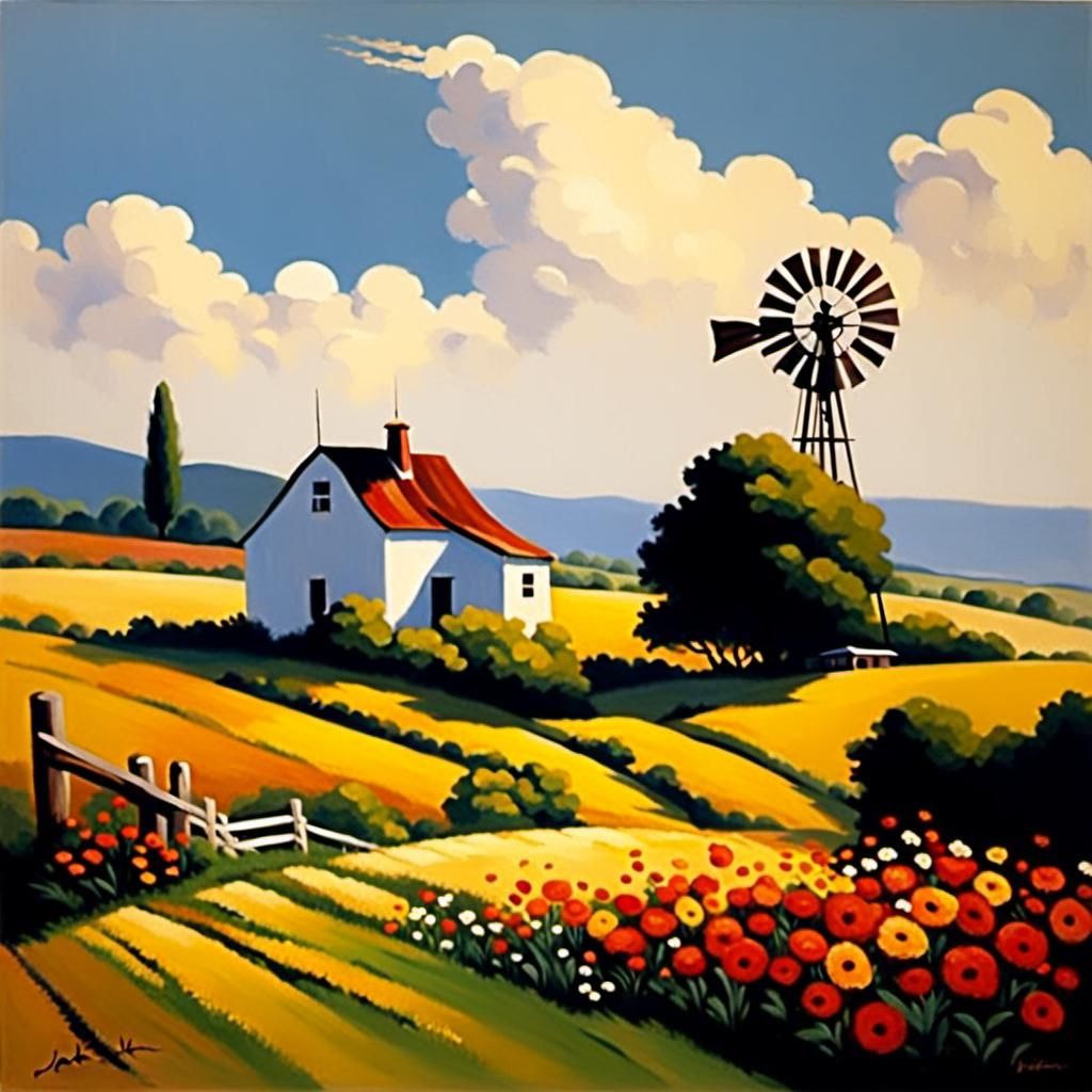 Farmhouse in Field of Flowers: Oil Painting