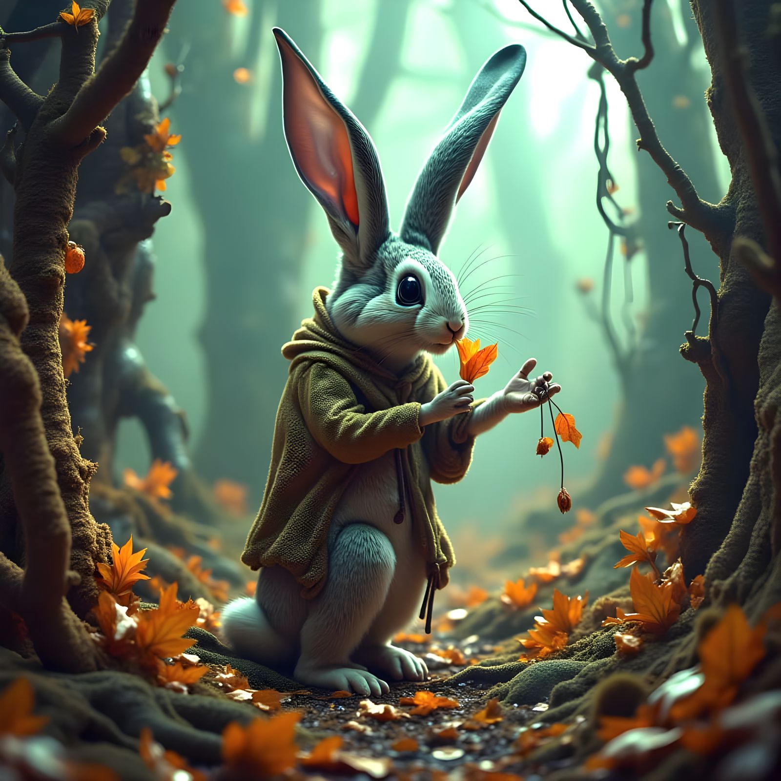 Vintage Cartoon-Style Rabbit Humanoid Munches on Leaves in a...