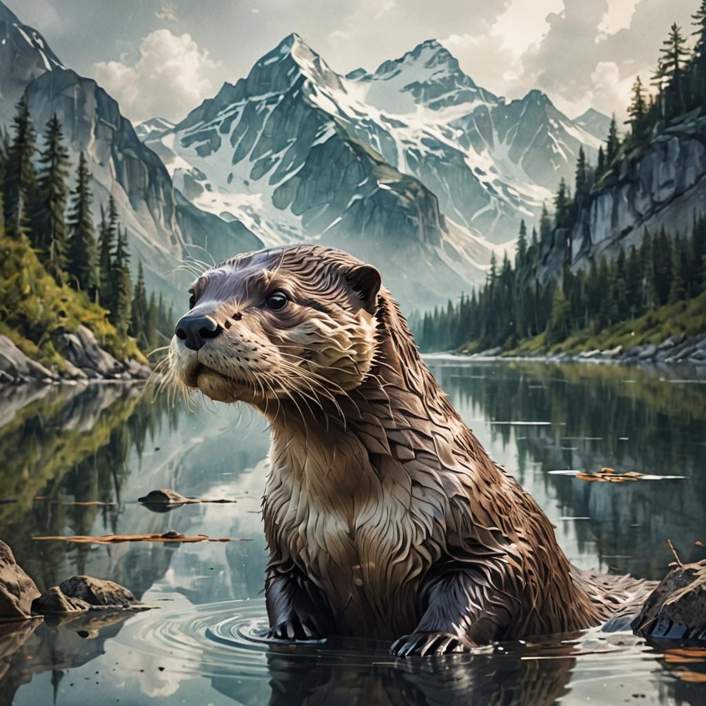 Otter and Taiga Double Exposure Digital Art