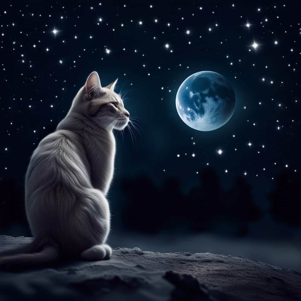 Cat Gazing at Stars on Moonlit Night