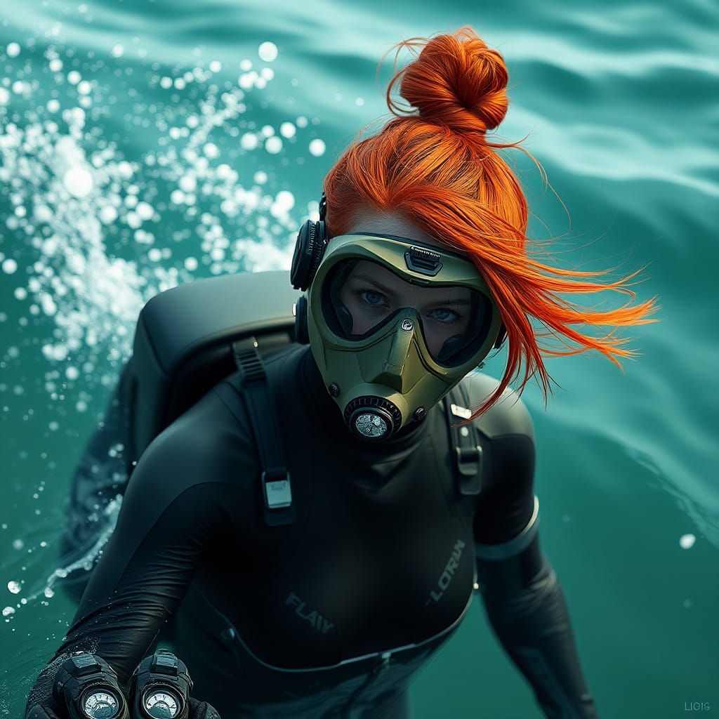 Girl Swimming in Cyber Style Near the Sea