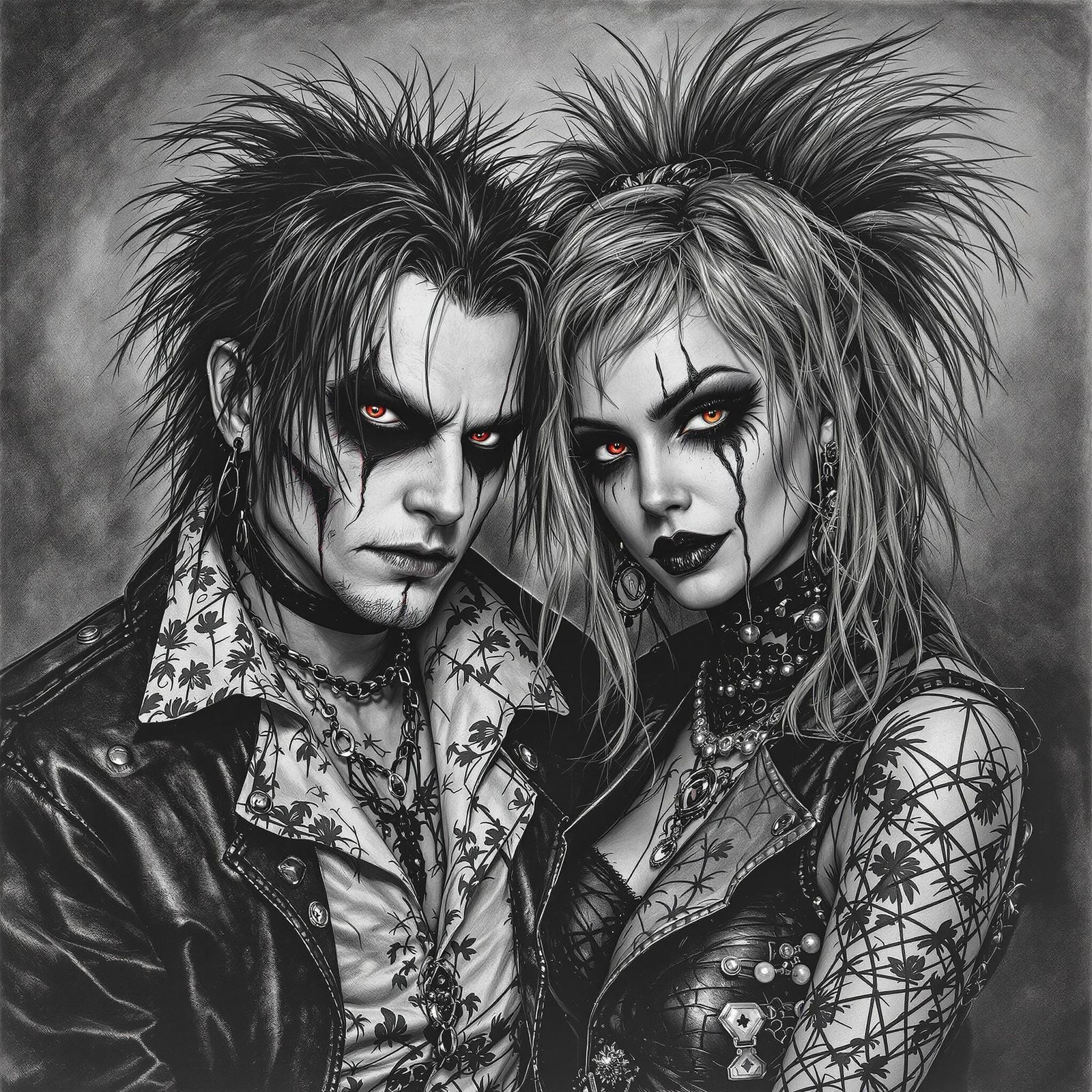 Punk Rock Vampire Family Portrait in Charcoal