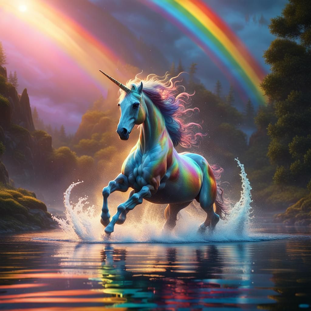 Magical Rainbow Unicorn Swimming in Water