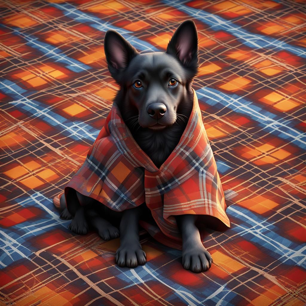 Cute Dog Covered in Plaid with Eastern Pattern