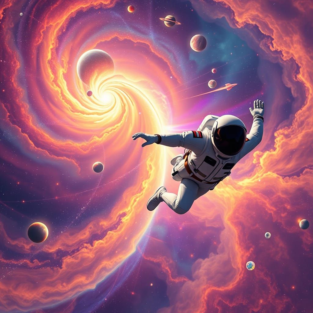 Cosmic Space Explorer in Swirling Nebula