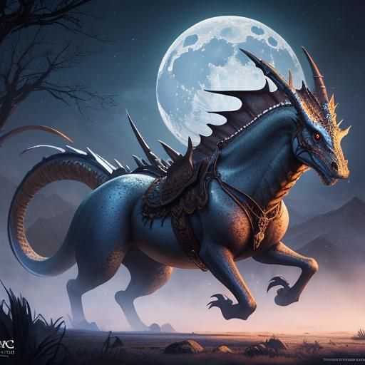 Woman Rides White Horse with Dragon: Hyperrealistic Watercol...