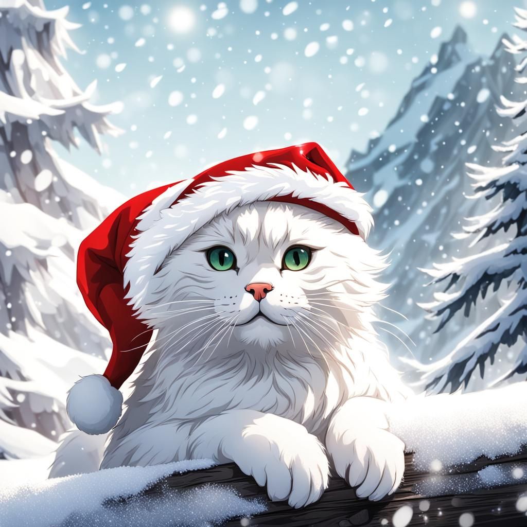 Festive Cat in Winter Wonderland with Santa Hat