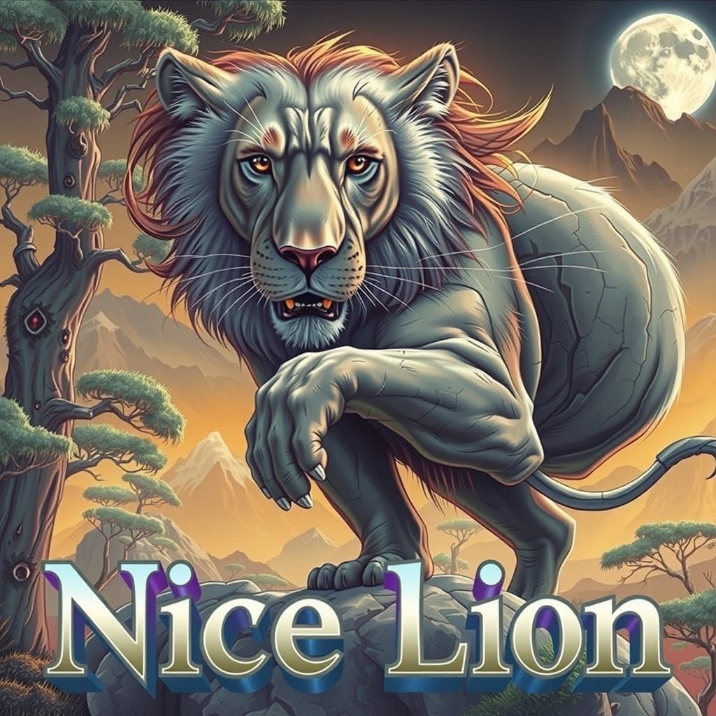 A regal lion, king of the savannah, frolicking atop a rugged boulder, his majestic mane flowing freely in the wind as he...