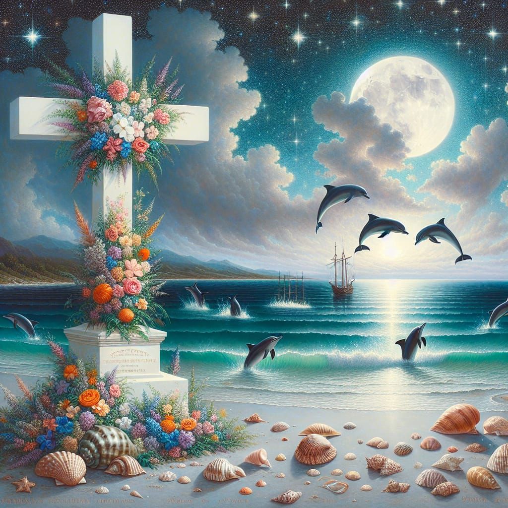 Moonlit Seascape with Floral Cross in Oil Painting Style