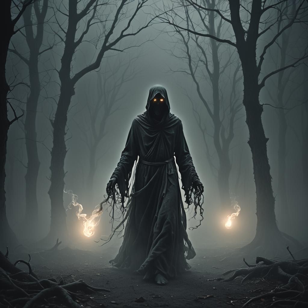 Eerie Ghostly Figure Drifts in Dark Forest