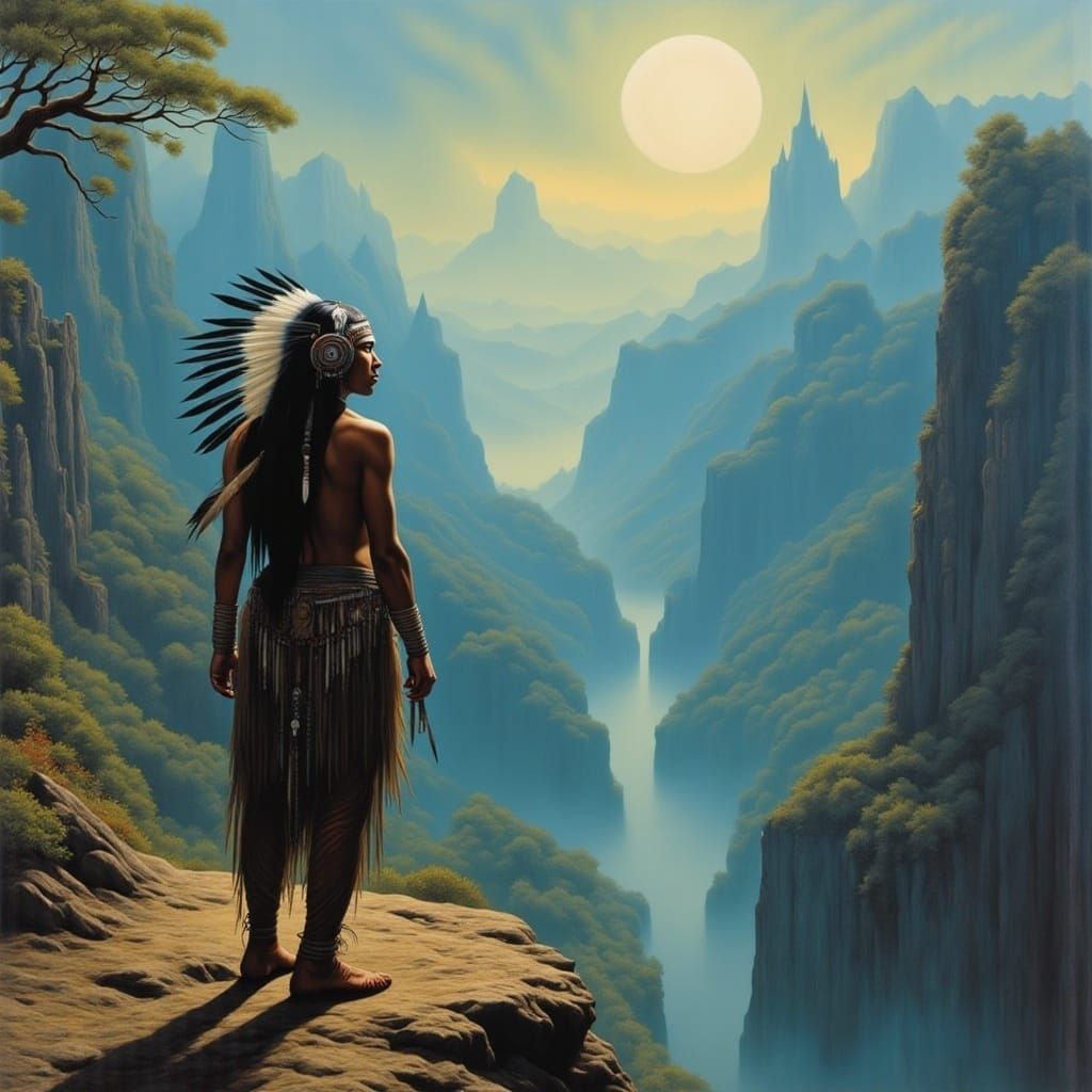 Native Woman Overlooks Misty Canyon in Fantasy Illustration