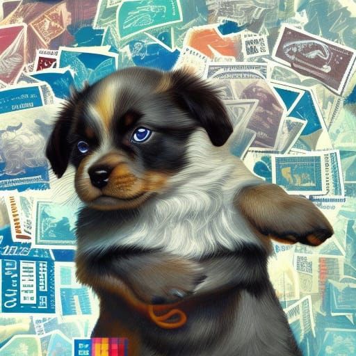 Puppy Portrait in a Pile of Stamps