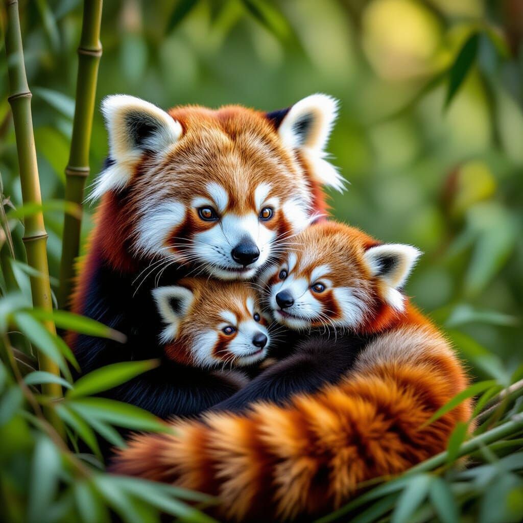Mother Red Panda With Cubs on Bamboo Slopes