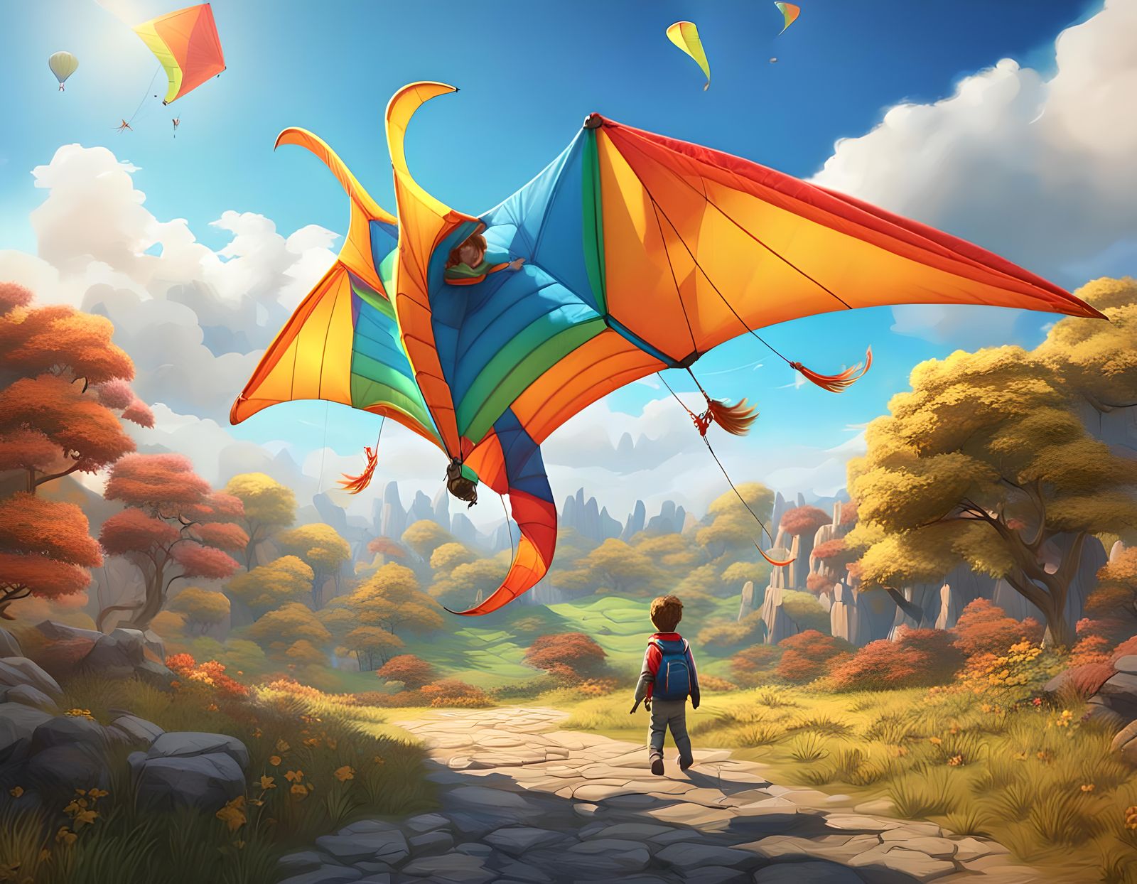 Boy Rides Pterodactyl Kite on Windy Day