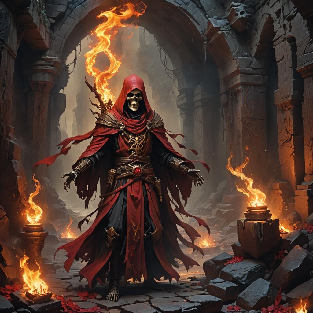 Skeletal Mage in Crimson Robes, Matte Painting