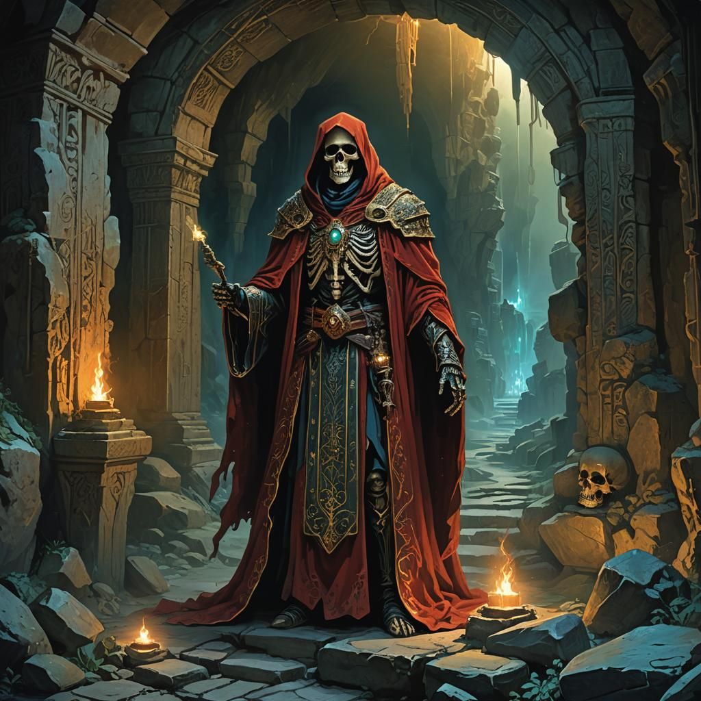 Skeletal Mage in Crimson Robes in Mystical Cavern
