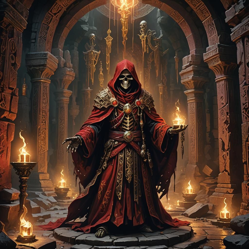 Skeletal Mage in Crimson Robes in Mystic Cavern