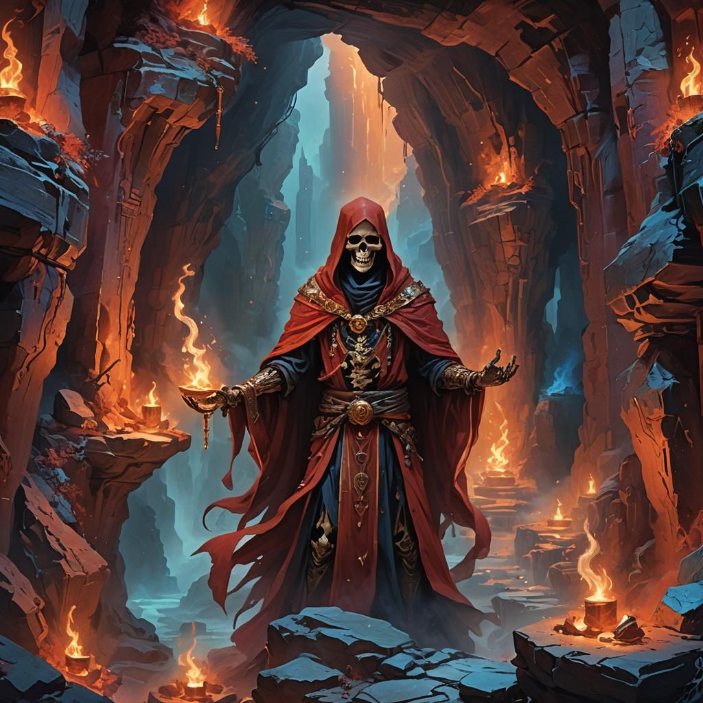 Skeletal Mage in Crimson Robes in Dim Cavern