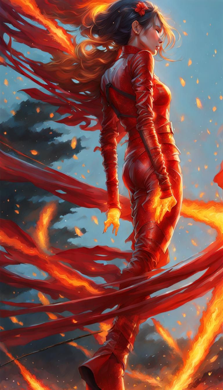Woman in Thorn Suit Amidst Firestorm