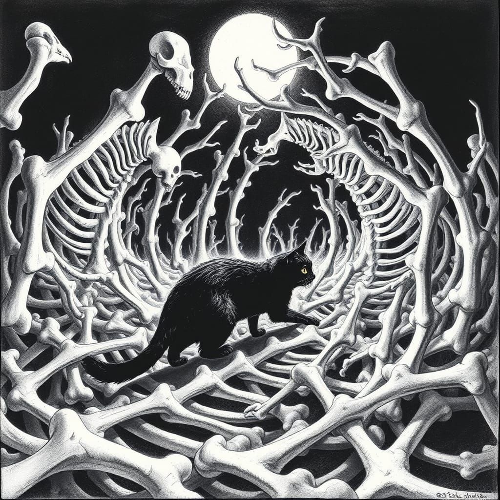 B&W M.C. Escher drawing,surreal drawing  of a black cat in  ...