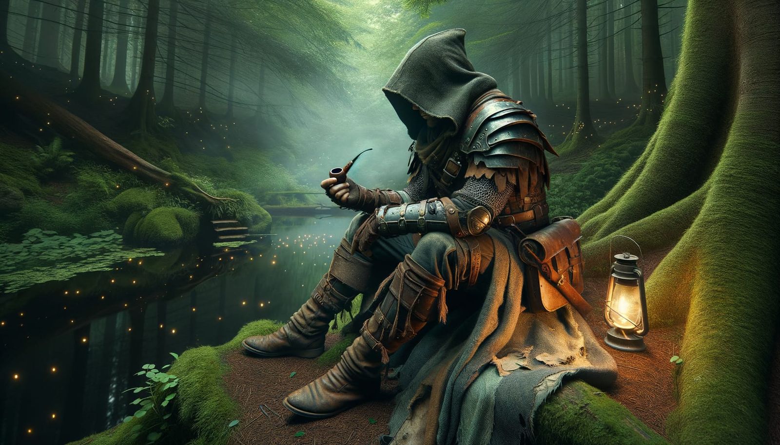 Adventurer in Forest Cloak Enjoys Pipe by Pond