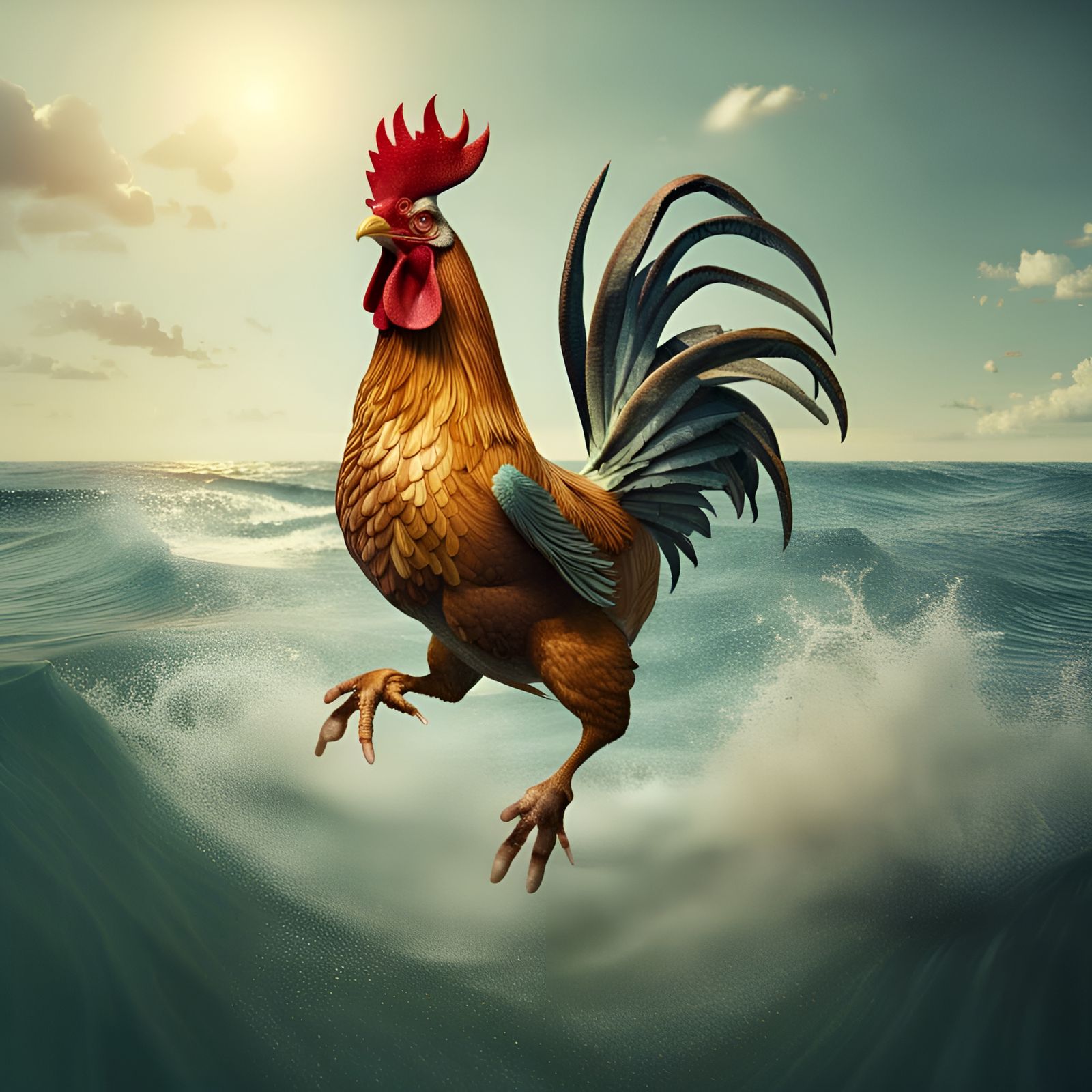 Vintage “rooster of the sea” jumping out of the ocean in the...