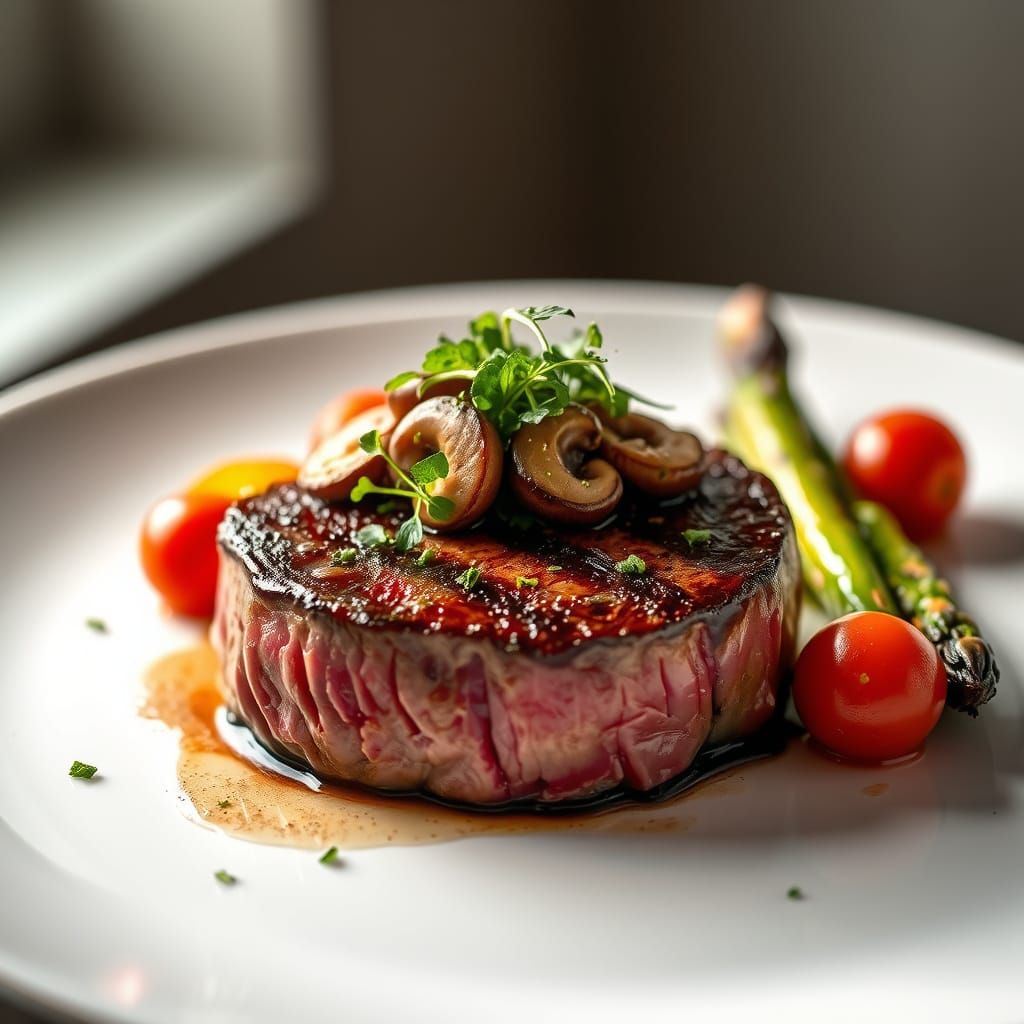 Succulent Fillet Mignon with Rare Steak and Fresh Greens