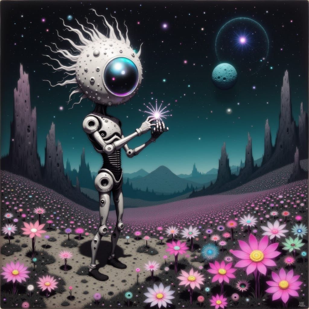 Clockwork Gardener on Alien Moon in Oil Painting Style