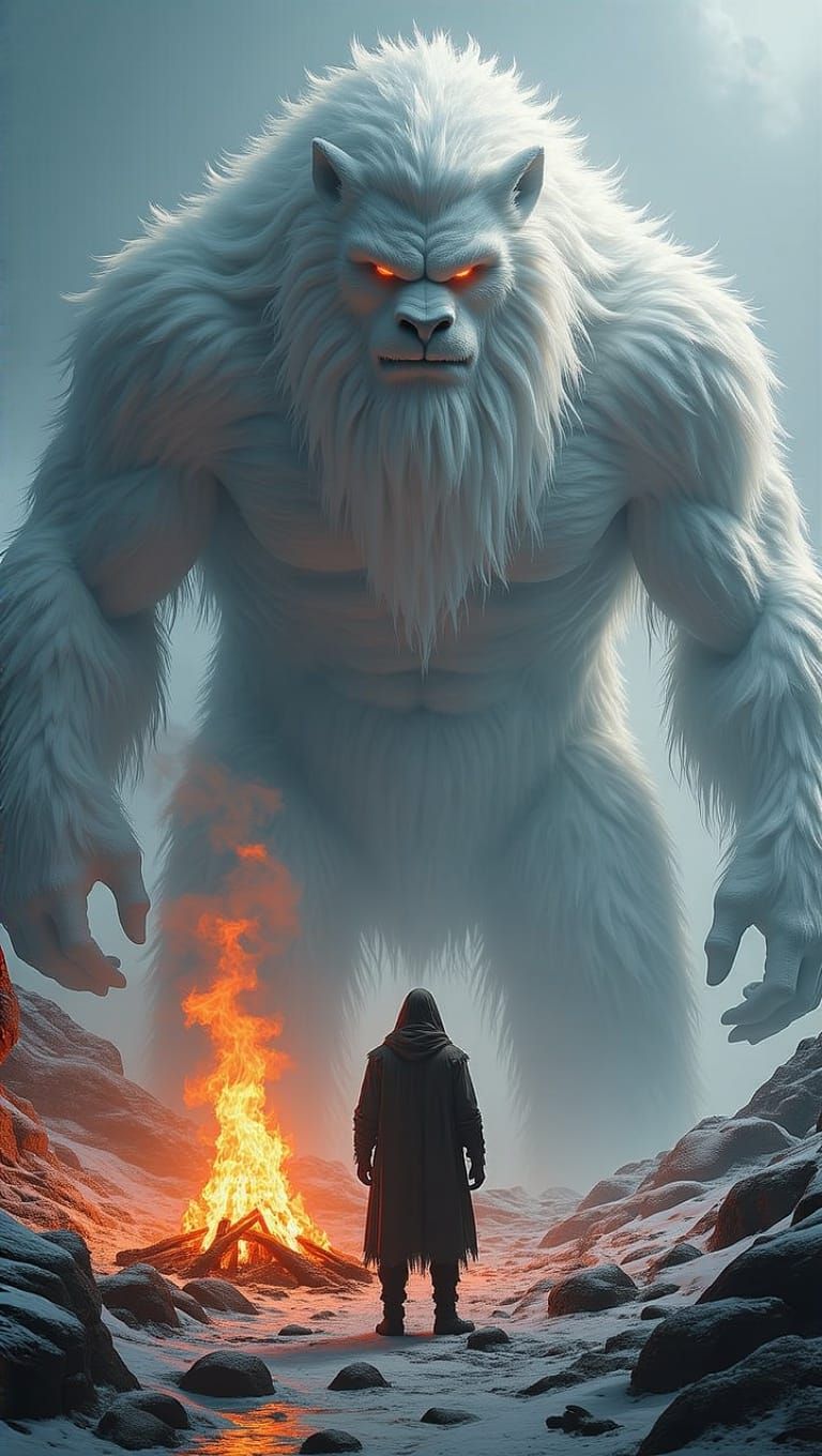 Heroic Figure Beside Fiery Blaze with Majestic Yeti in Baroq...