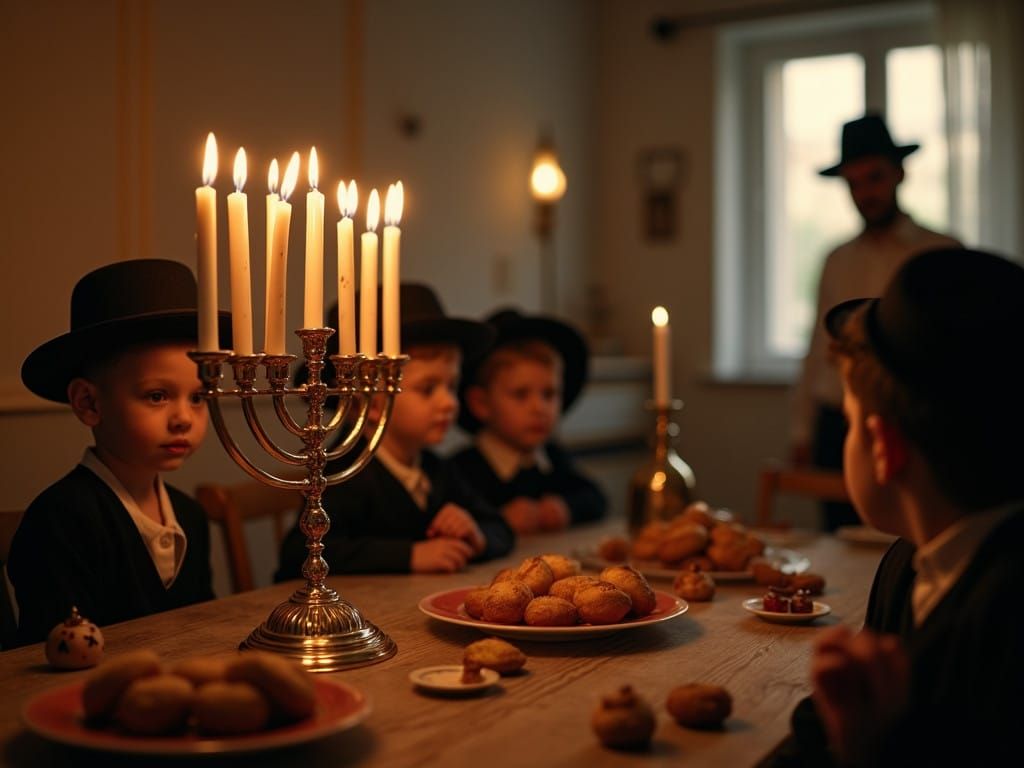 Warm Hanukkah Scene with Devout Family and Soft, Cinematic L...