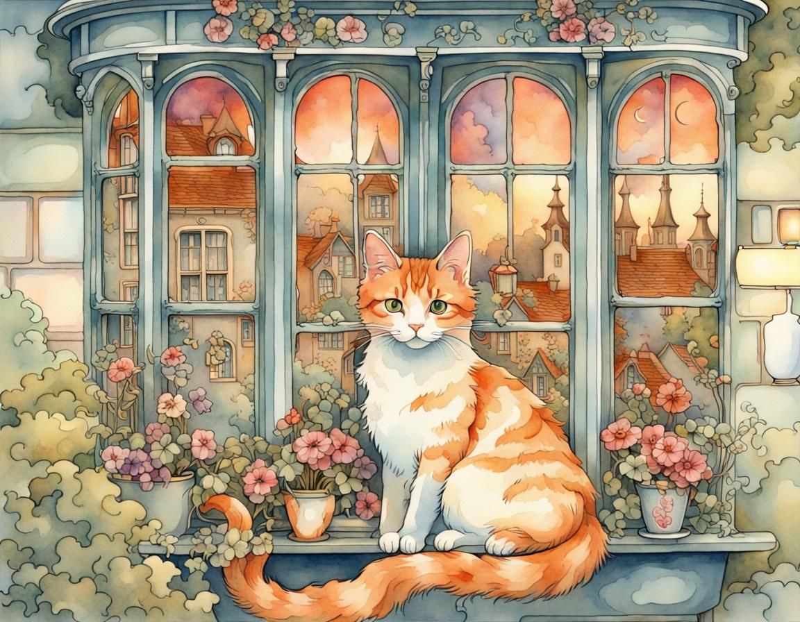 Art Nouveau Ginger Cat in Quaint Village