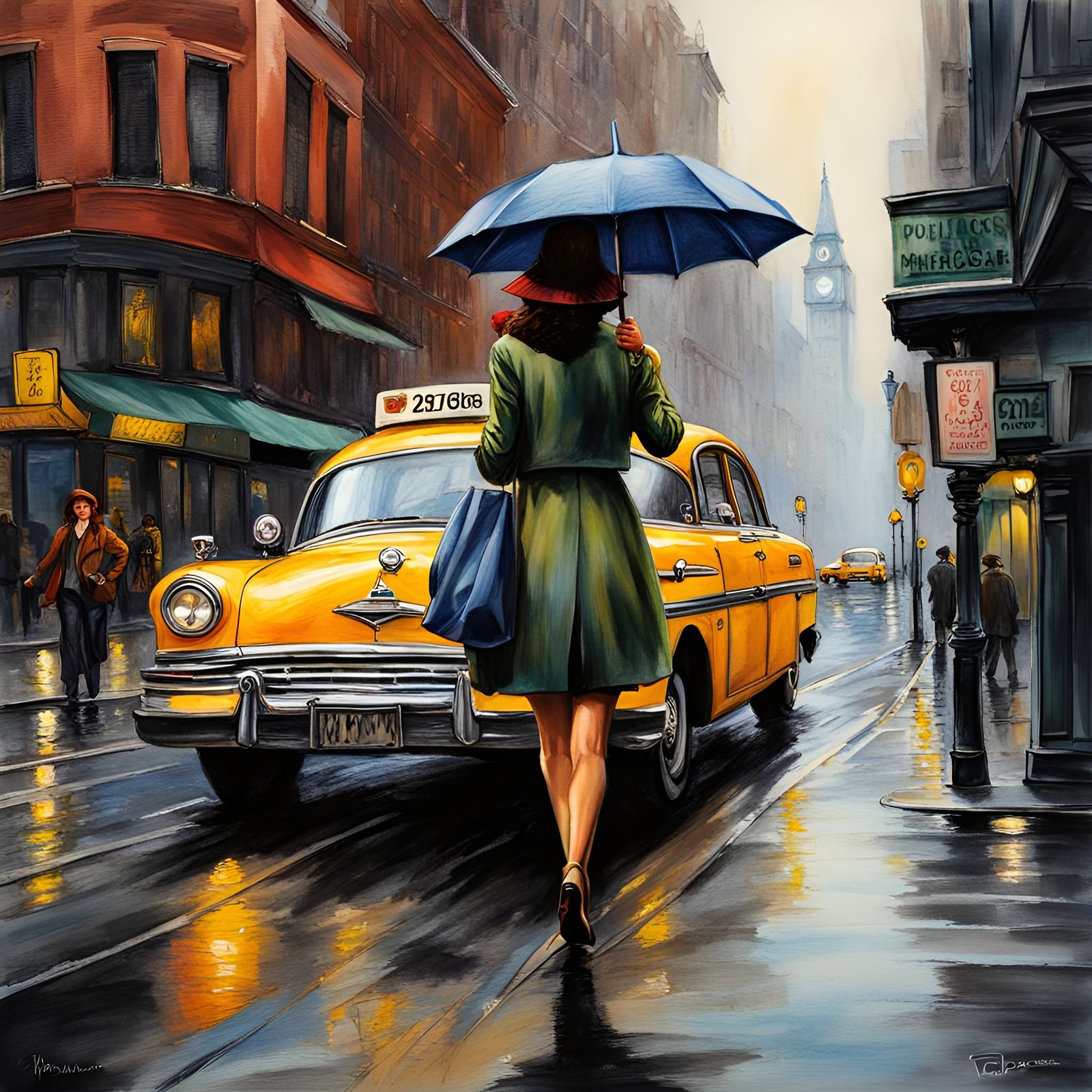 Girl Hailing Taxi in Retro Polychromatic Style