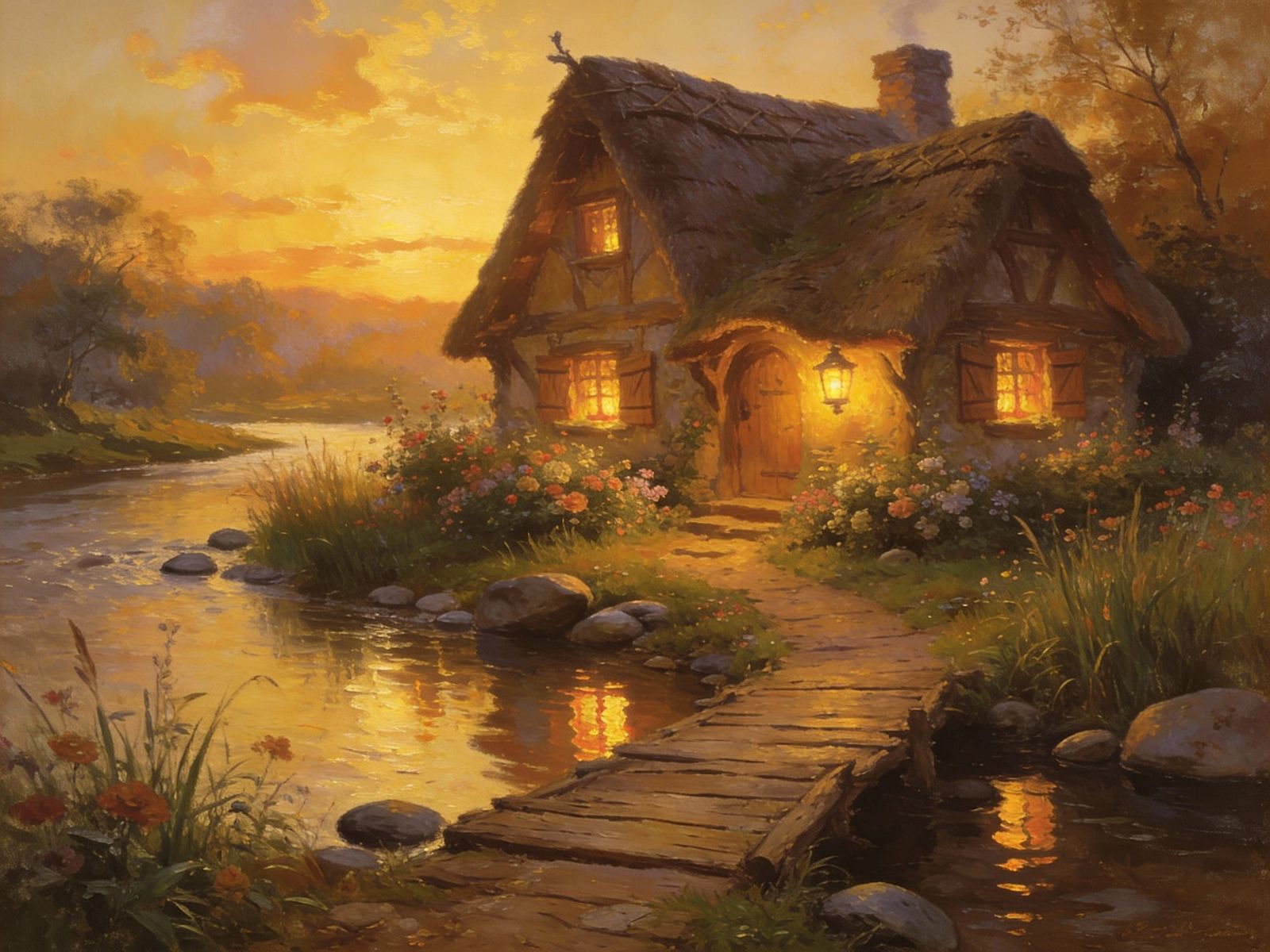 Fairytale Cottage at Golden Sunset by River