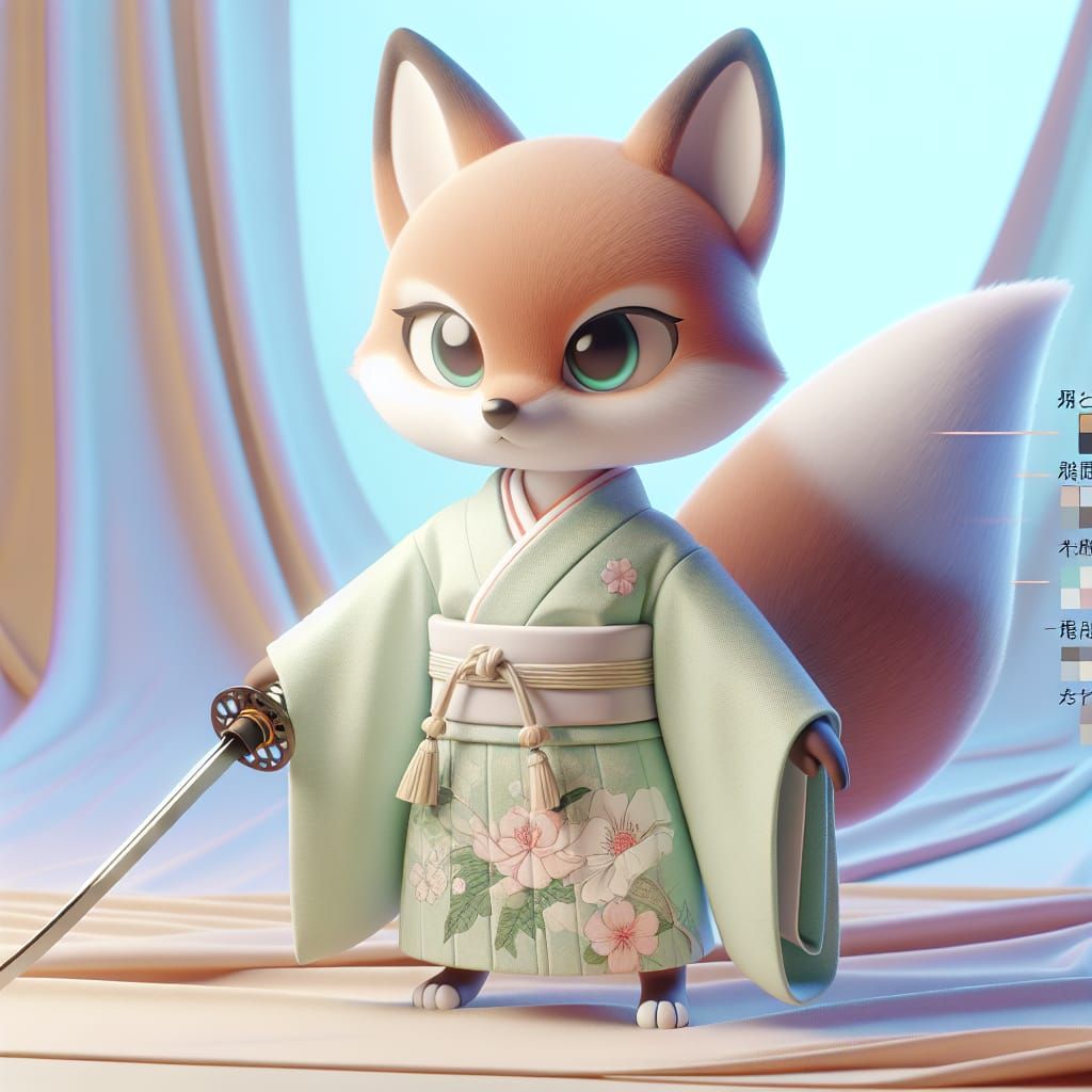 3D Fox in Kimono with Katana, Japanese Anime Style