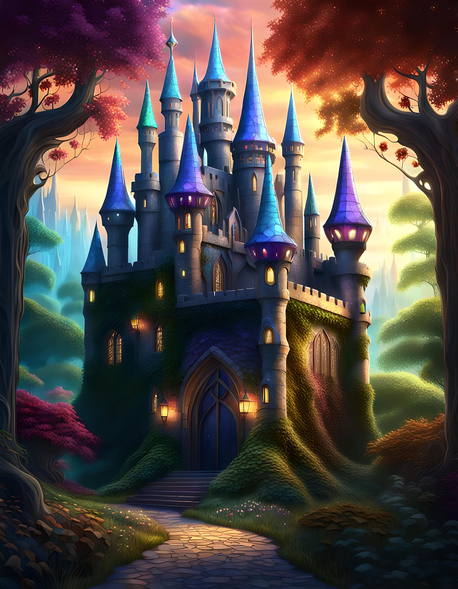 Stained Glass Castle in Fantasy Forest, Digital Art